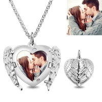 Engraved Angel Wings Heart Photo Locket Sterling Silver Necklace