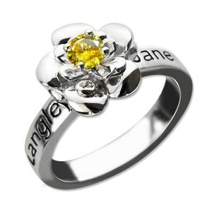 Rose Flower Memory Ring Engraved Name & Birthstone