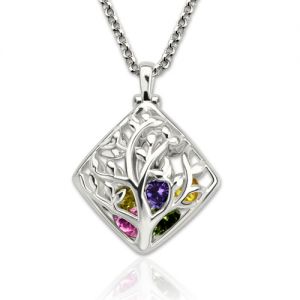 Elegant Rhombus Cage Family Tree Birthstone Necklace