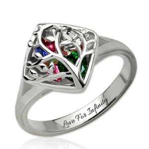 Platinum Family Tree Cage Ring Engraved with Heart Birthstones
