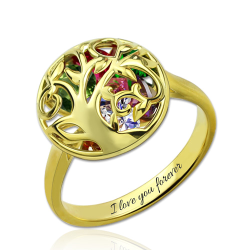 Round Cage Family Tree Ring With Heart Birthstones Gold Plated