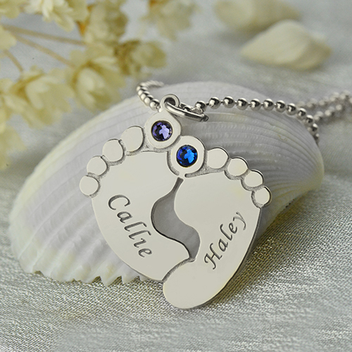 Personalized Baby Feet Name Necklace with Birthstone Silver